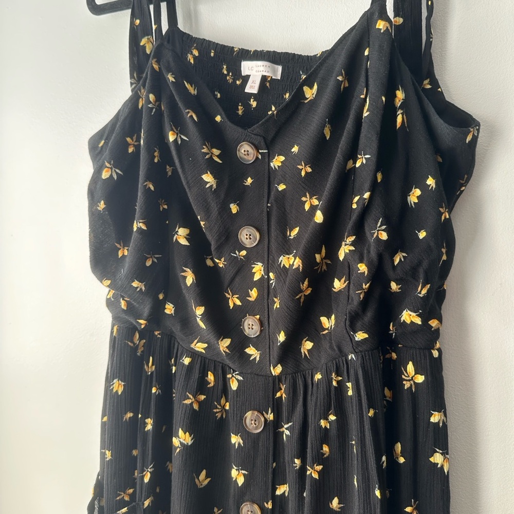 LC Lauren Conrad Black Midi Dress with Gold Floral Print